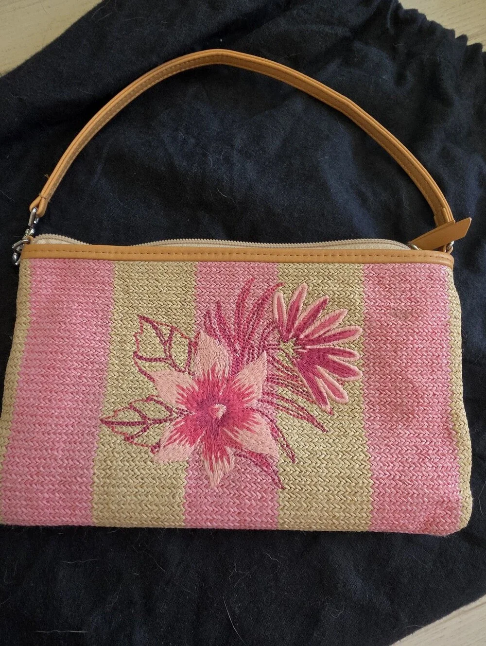 Vera Bradley Pink Floral Straw Wristlet with Tan Trim